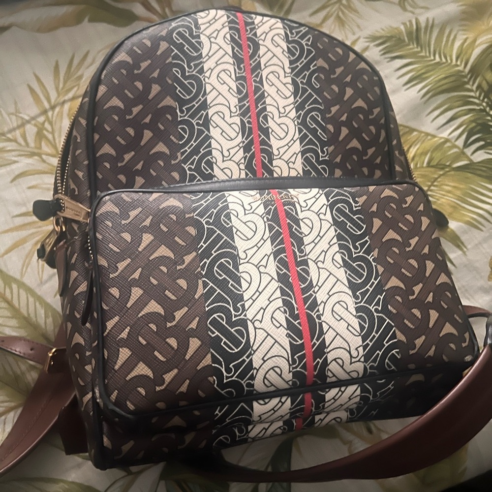 Burberry Brown Monogram Backpack with Cream and Red Stripe - Picture 1 of 2